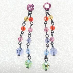 Vintage Rainbow Glass Bead Earrings Black Chain Boho Dangle